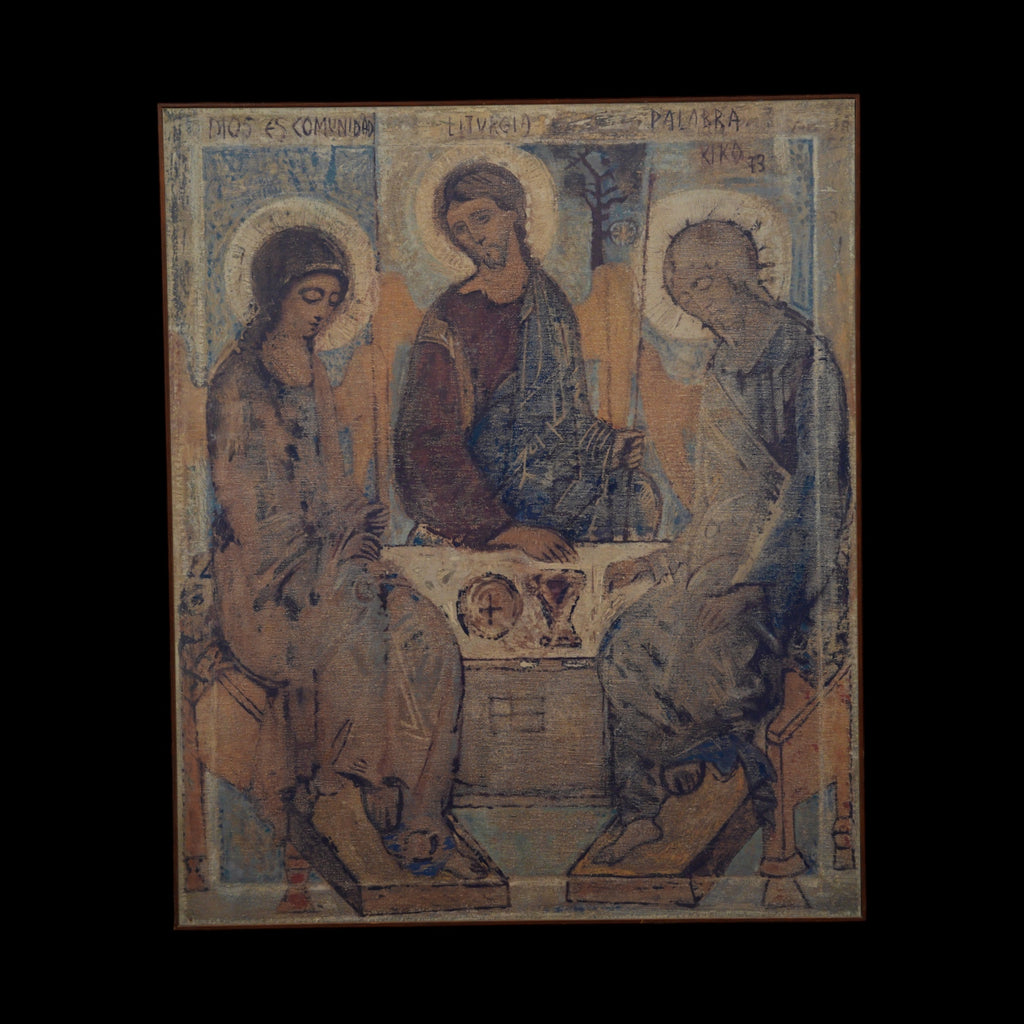 Kiko – Trinità di Rublev "Dios es Comunidad" – Stampa su Supporto Effetto Juta, Datata 1973, Cornice in Legno, 84 x 70 cm