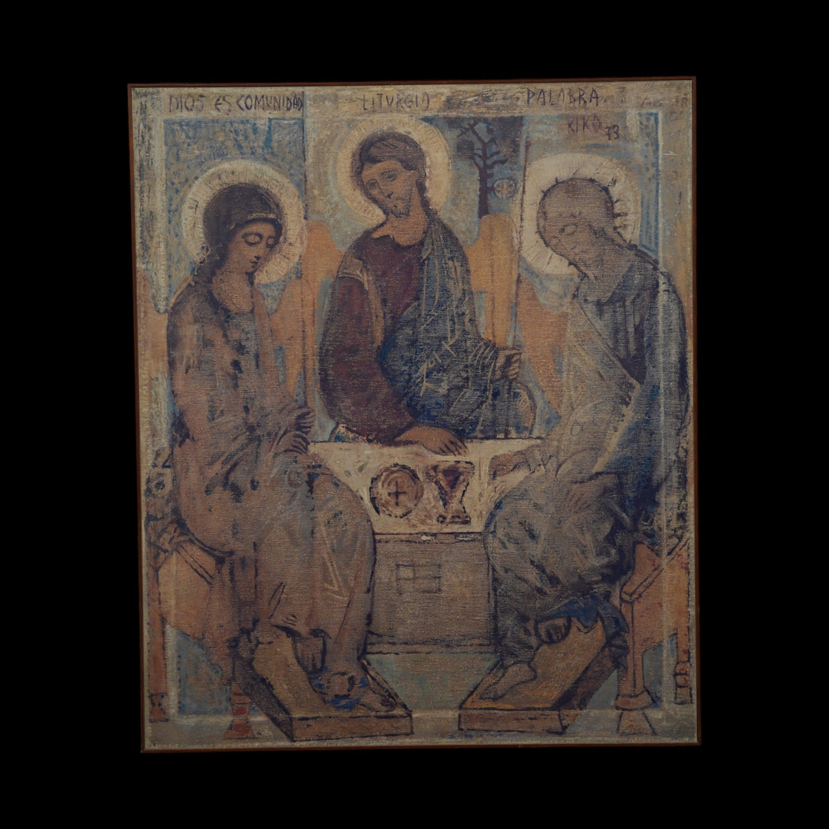 Kiko – Trinità di Rublev "Dios es Comunidad" – Stampa su Supporto Effetto Juta, Datata 1973, Cornice in Legno, 84 x 70 cm
