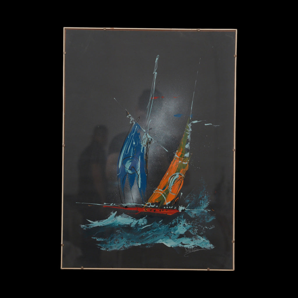 Mario Dall'Aglio – Veliero tra le Onde, Vele Blu e Arancio su Fondo Nero – Dipinto Firmato, 71 x 51 cm