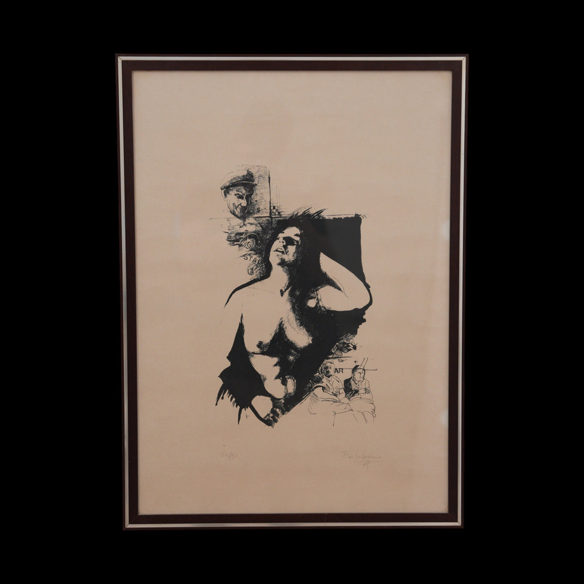 Nudo Femminile con Scene di Vita Popolare – Litografia in Bianco e Nero Numerata e Firmata, Cornice in Legno, 74 x 54 cm
