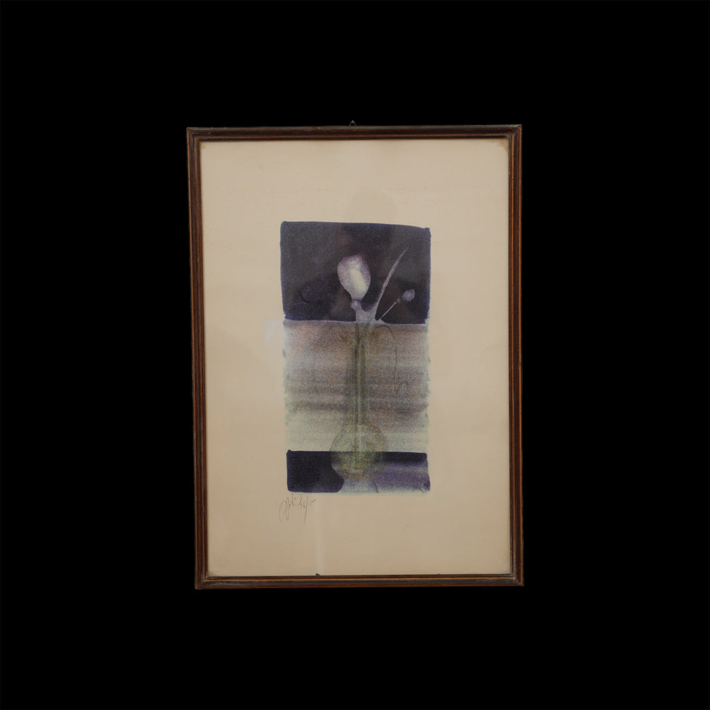 Abidin Dino – Fiore Bianco in Vaso su Fondo Viola – litografia Numerata e Firmata, Cornice in Legno, 71 x 51 cm