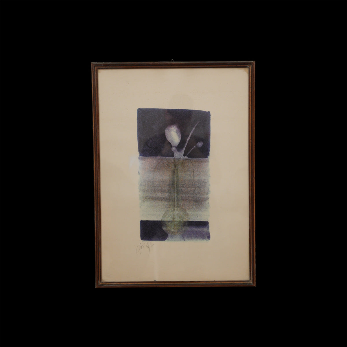 Abidin Dino – Fiore Bianco in Vaso su Fondo Viola – litografia Numerata e Firmata, Cornice in Legno, 71 x 51 cm