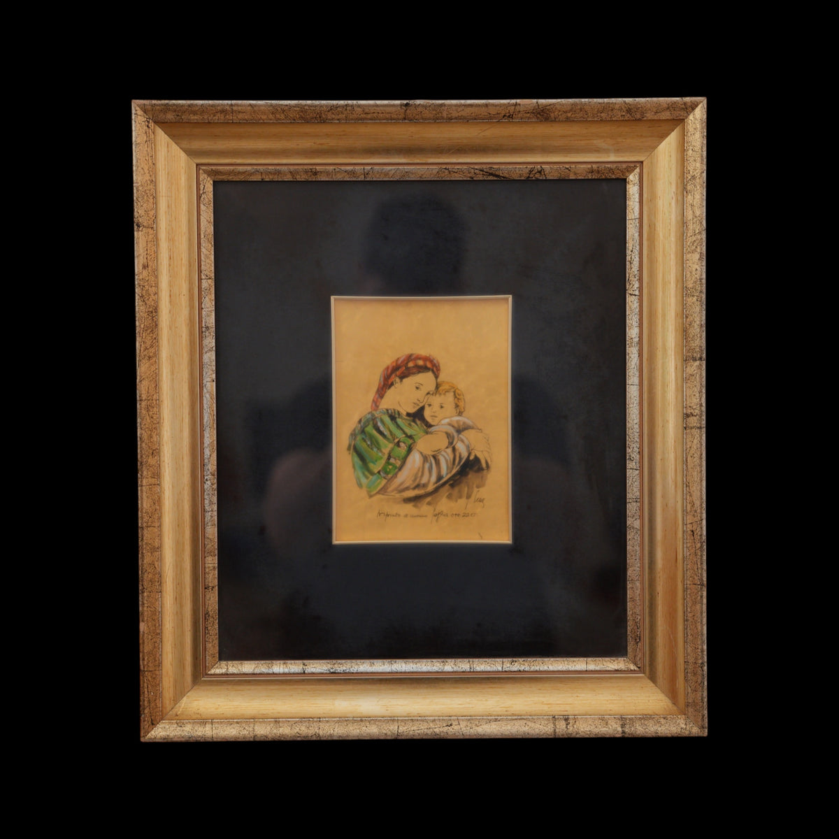 Madonna con Bambino – Dipinto a Mano su Foglia d'Oro 22 Kt, Firmato, Cornice Dorata con Passepartout Nero, 46 x 41 cm
