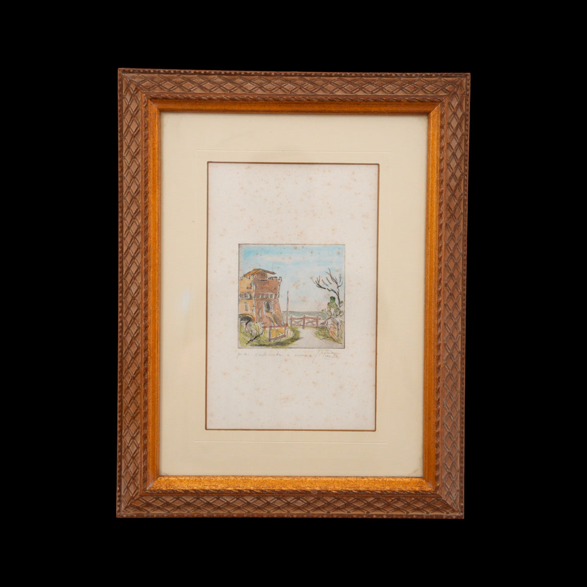 Torre sul Mare con Cancello e Fico d'India – Acquaforte Colorata a Mano, Prova d'Artista Firmata a Matita, Cornice Dorata Intagliata, 45 x 35 cm