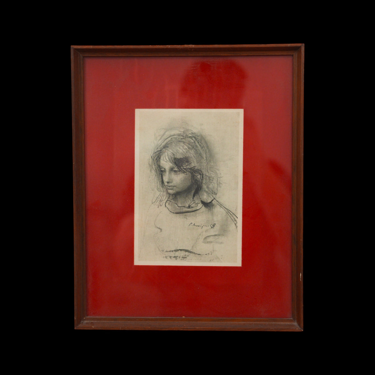Pietro Annigoni – Ritratto di Giovane Donna – Riproduzione a Stampa da Disegno, Cornice in Legno con Passepartout Rosso, 34 x 28 cm