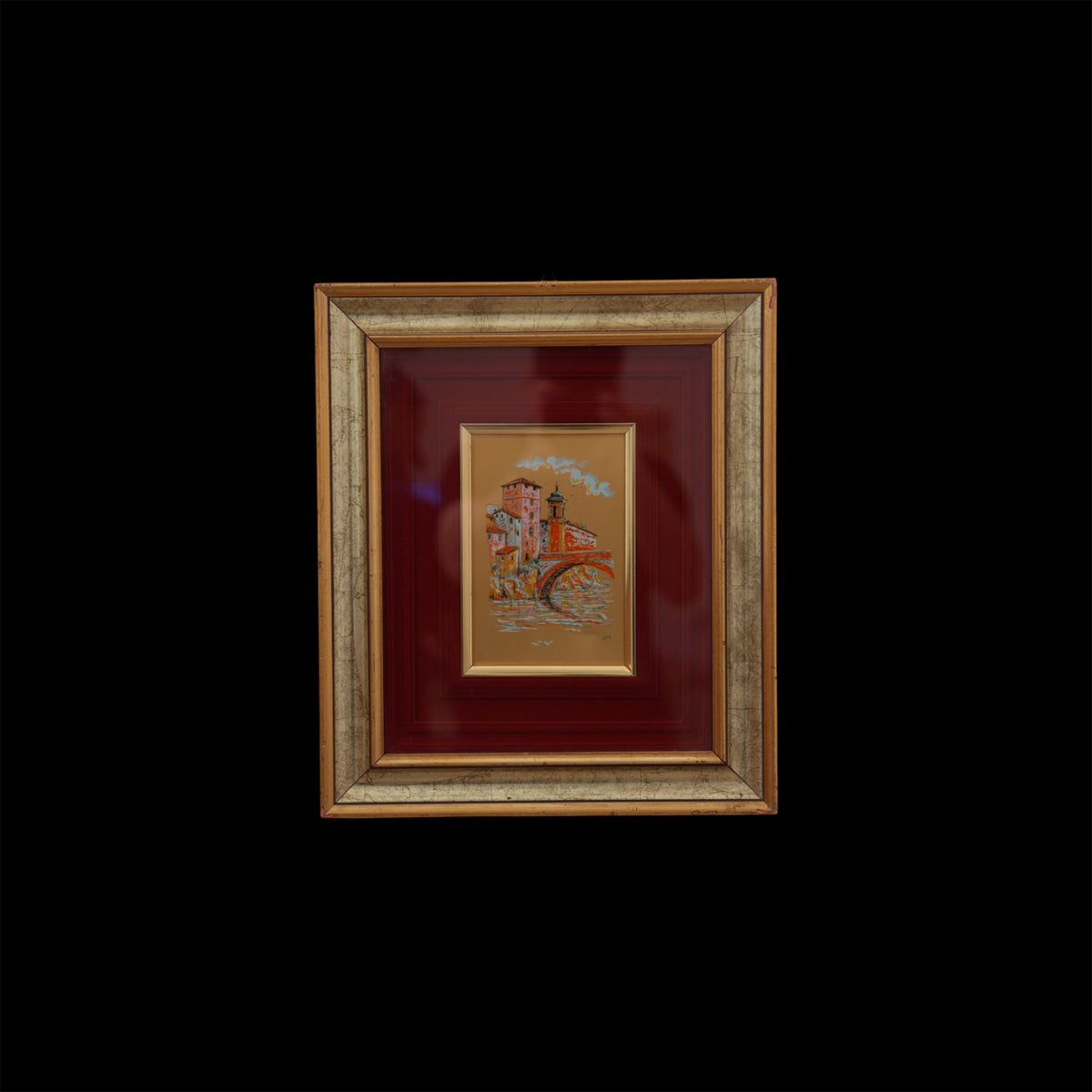 Scorcio Sul Fiume con Torre e Ponte ad Arco – Quadretto Vintage su Fondo Dorato con Cornice, 48 x 41 cm