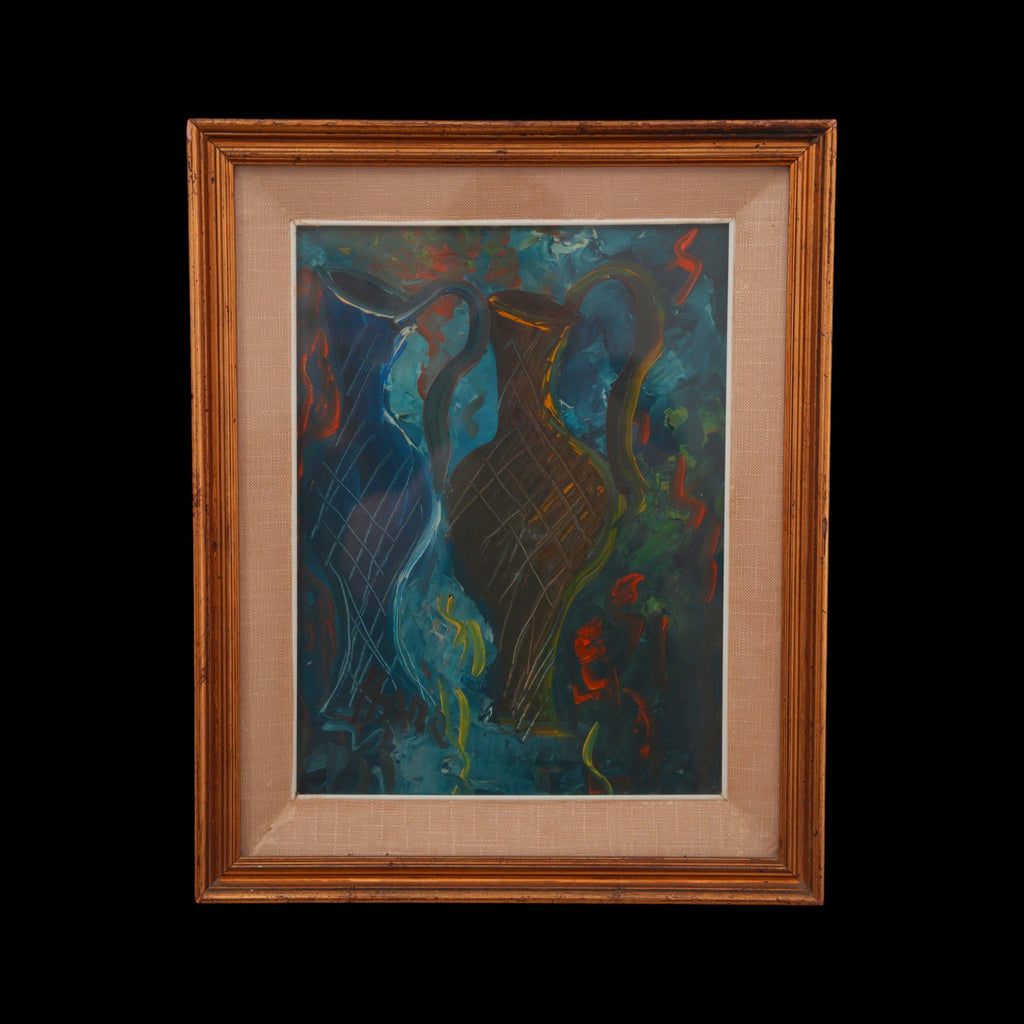Due Brocche su Fondo Blu – Natura Morta Espressionista a Olio con Segni Incisi, Firmata, Cornice Dorata con Passepartout in Tela, 52 x 42 cm