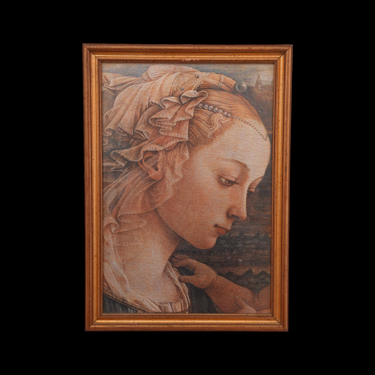 Madonna del Quattrocento Fiorentino – Particolare con Velo e Perle – Riproduzione con Effetto Craquelé, Cornice Dorata, 53 x 38 cm