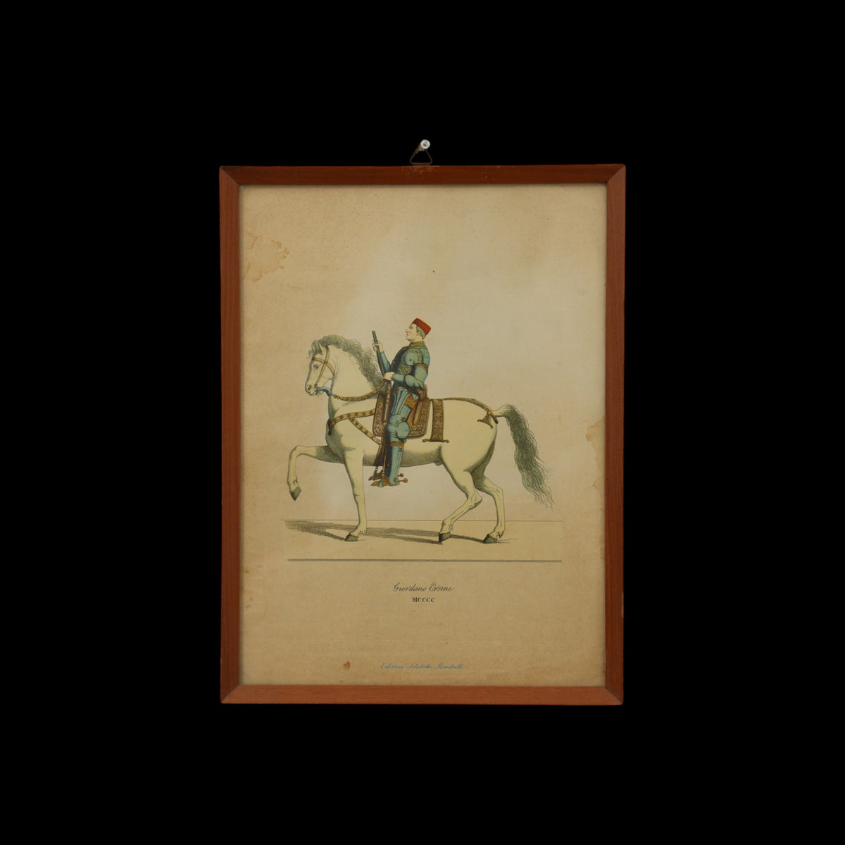 Giordano Orsini – Cavaliere in Armatura su Cavallo Bianco – Stampa Colorata, Edizioni Artistiche Maestretti, Cornice in Legno, 29 x 21 cm