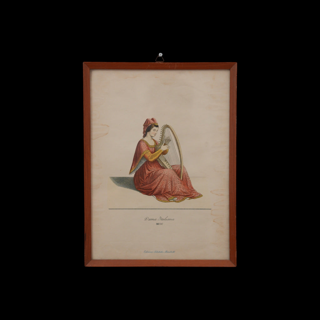 Dama Italiana con Arpa – Costume del Trecento – Stampa Colorata, Edizioni Artistiche Maestretti, Cornice in Legno, 29 x 21 cm