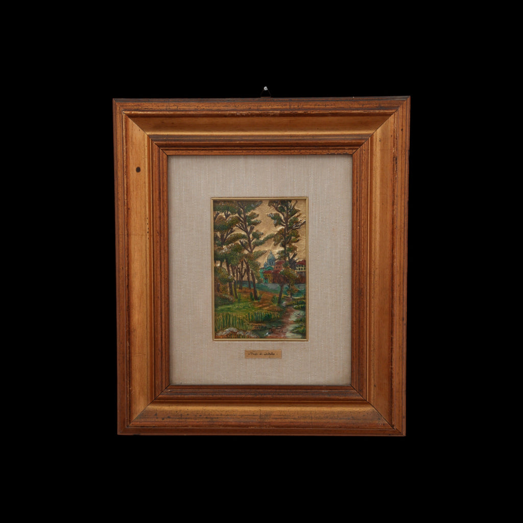 "Prati di Castello" – Paesaggio con Cupola e Ruscello su Foglia d'Oro in Rilievo, Dipinto a Mano e Firmato, Cornice in Legno, 43 x 37 cm