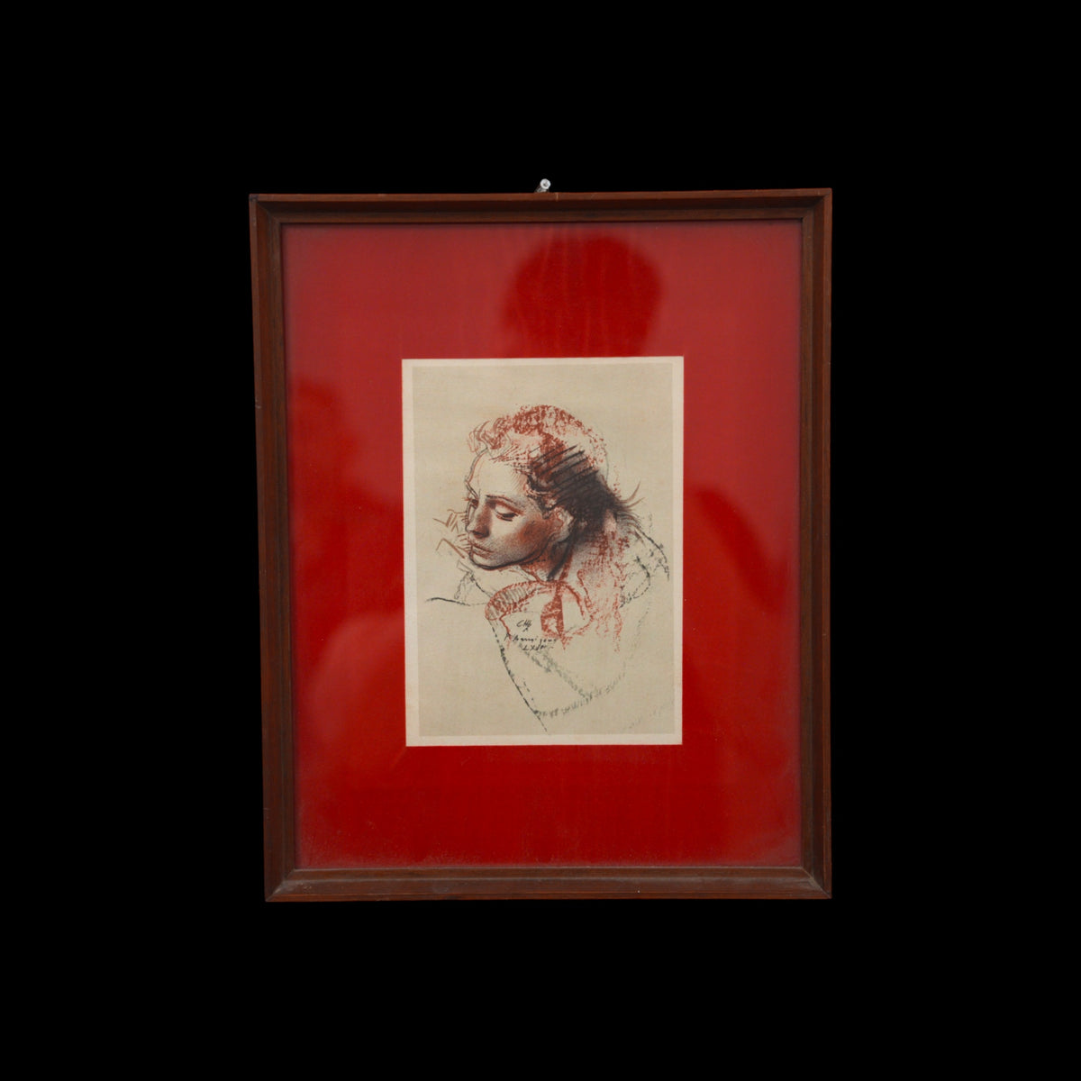 Pietro Annigoni – Ritratto di Giovane Donna in Sanguigna e Carboncino – Riproduzione a Stampa, Cornice in Legno con Passepartout Rosso, 34 x 28 cm