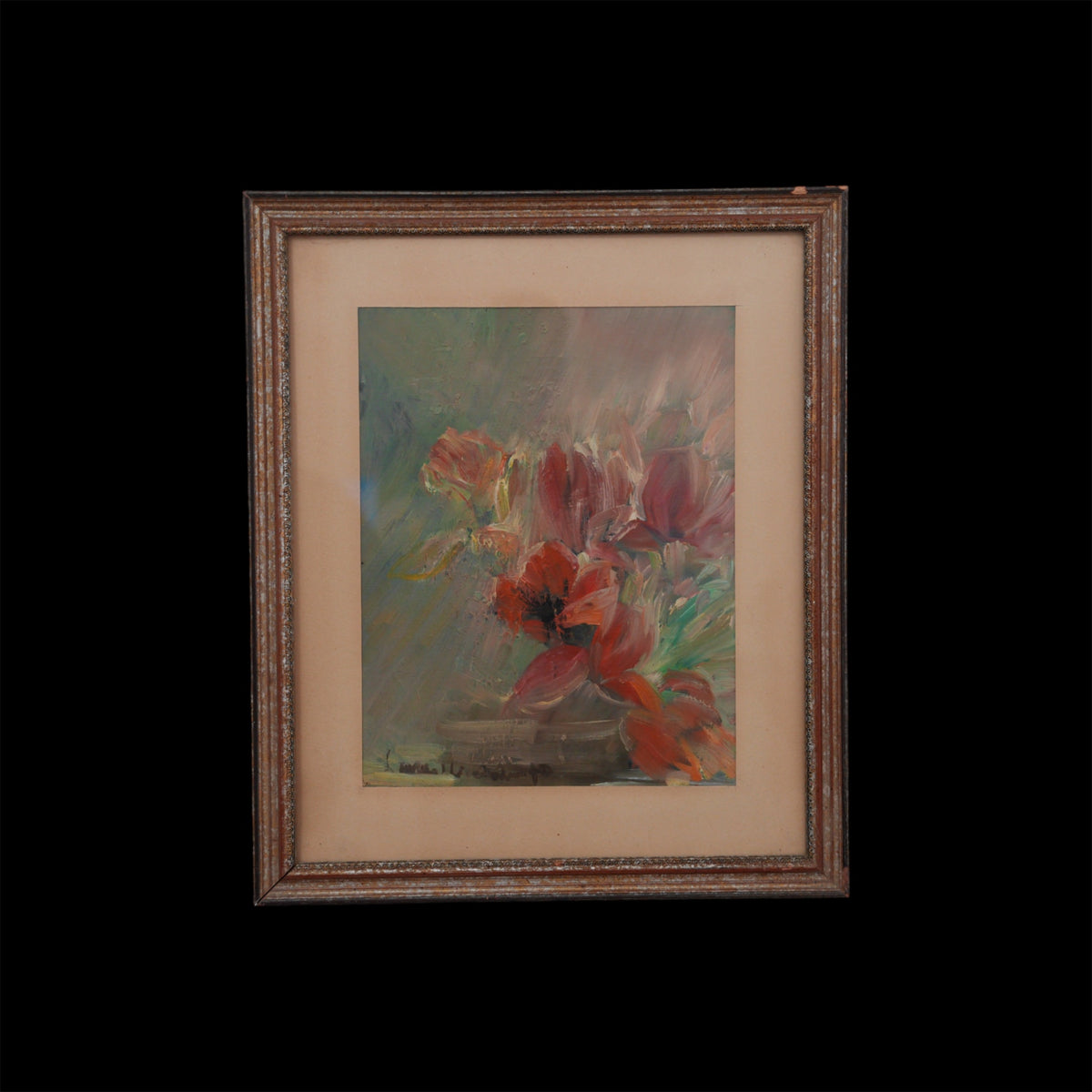 Fiori Rossi in Vaso – Dipinto a Impasto Firmato, Cornice in Legno, 64 x 54 cm