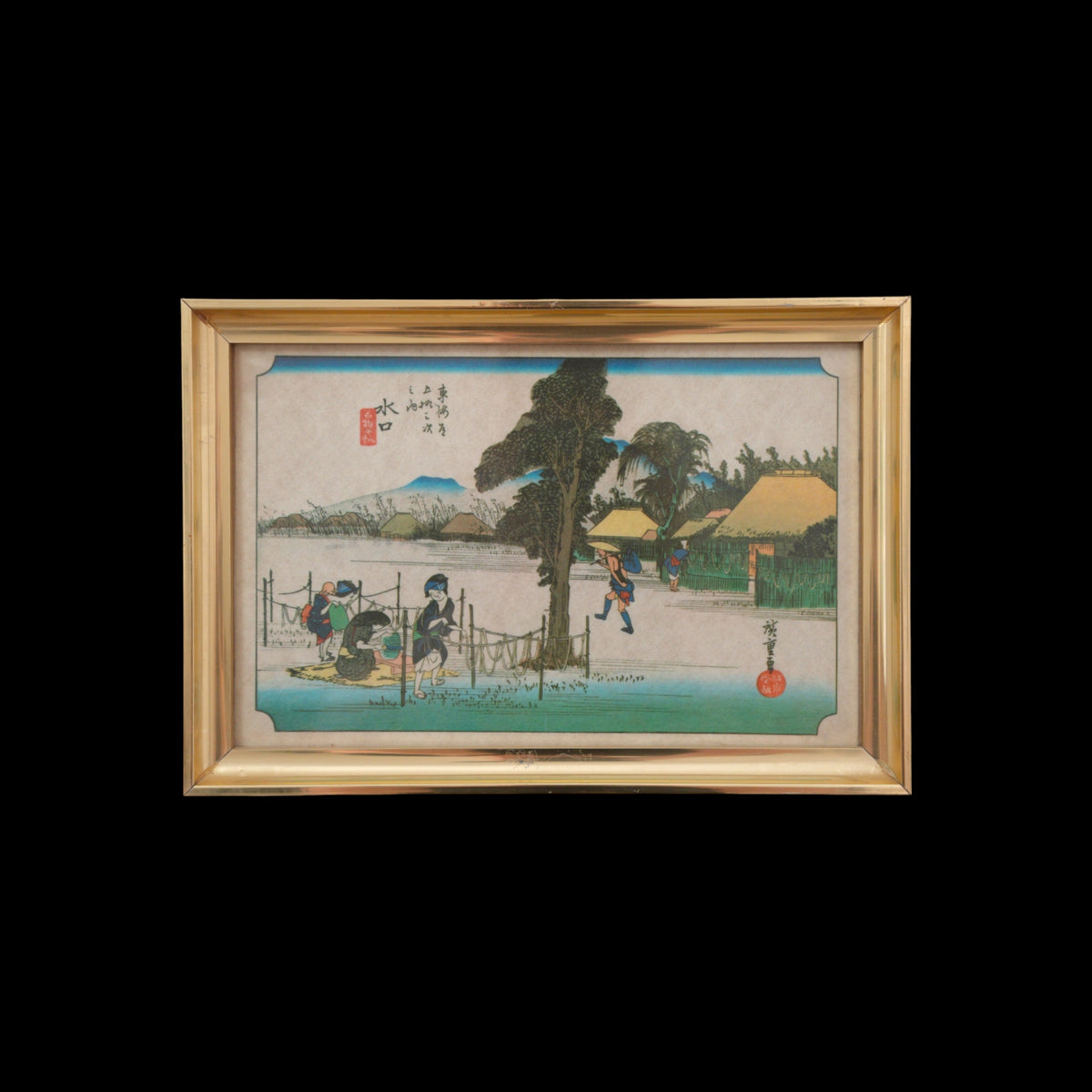 Hiroshige – Minakuchi, Strisce di Zucca Messe a Essiccare (Tōkaidō) – Stampa Giapponese, Cornice Dorata, 25 x 36 cm
