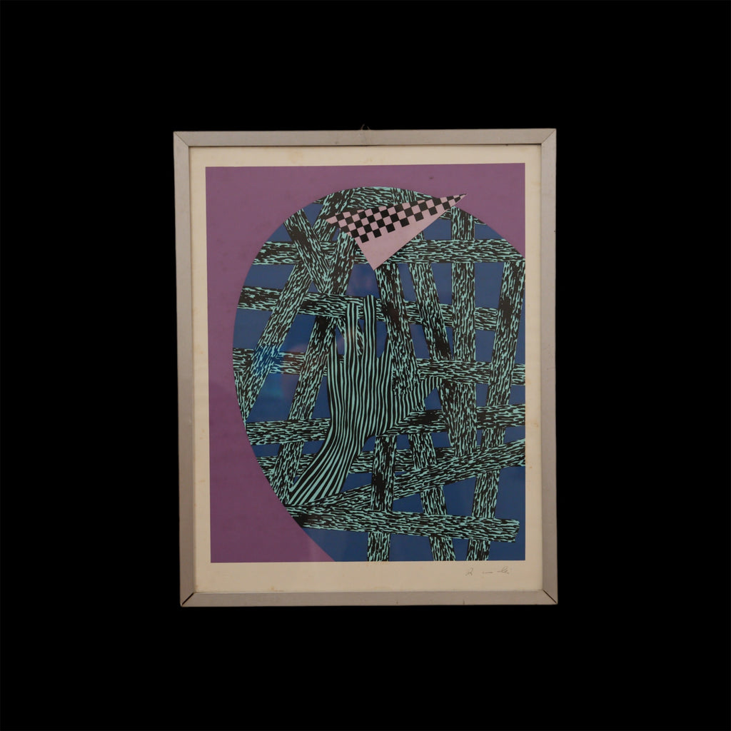 Composizione Astratta Geometrica in Viola, Blu e Turchese – Stampa Firmata, Cornice in Alluminio, 65 x 52 cm