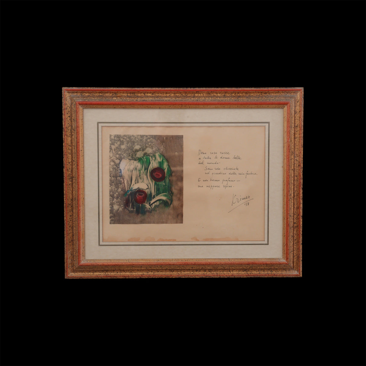 Krimer (Cristoforo Mercati) – Rose Rosse con Poesia Manoscritta  – Tecnica Mista su Carta Firmata e Datata 1958, Cornice in Legno, 55 x 71 cm
