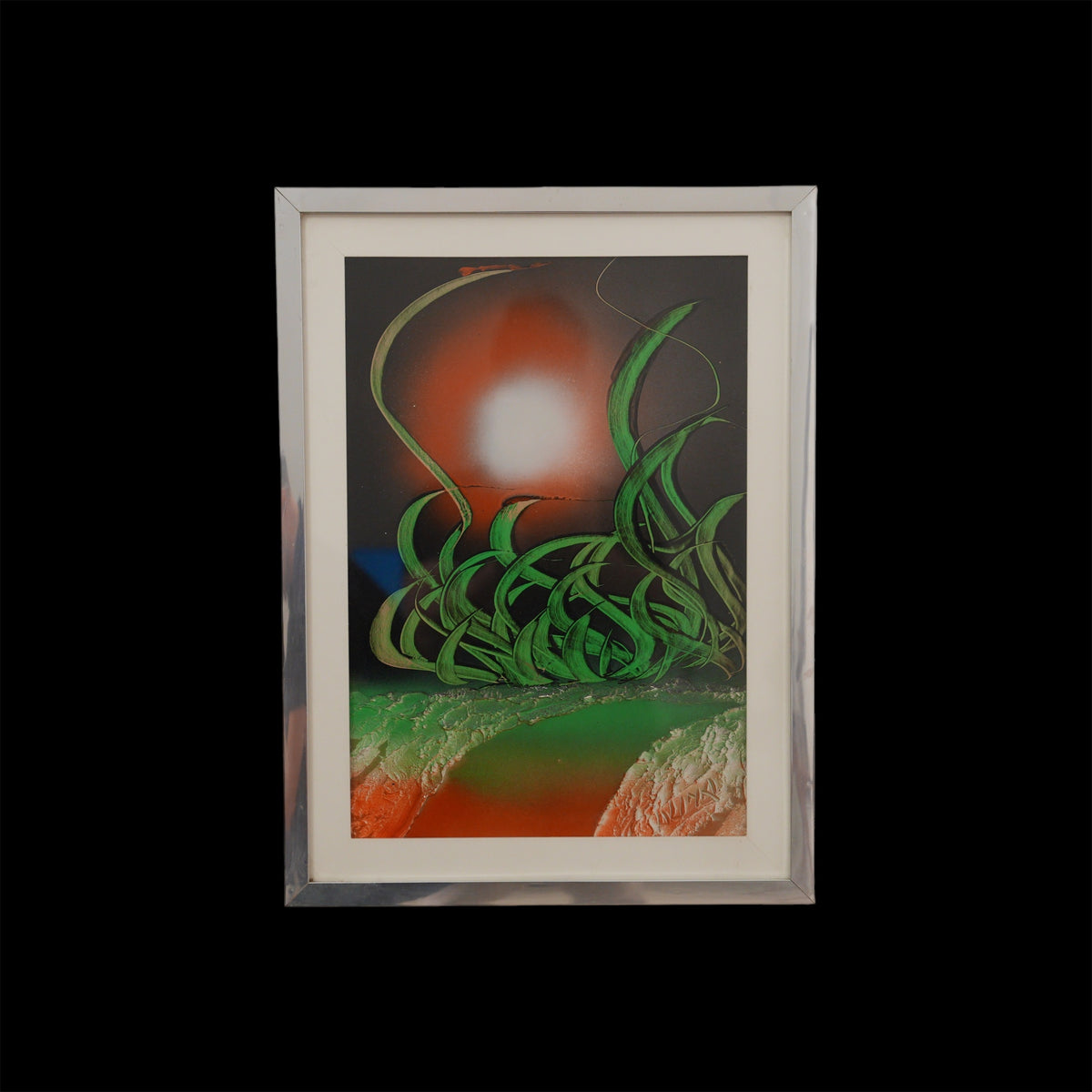 Paesaggio Fantastico con Sole Luminoso e Vegetazione Verde – Dipinto Vintage Anni '70, Cornice Cromata, 60 x 44 cm