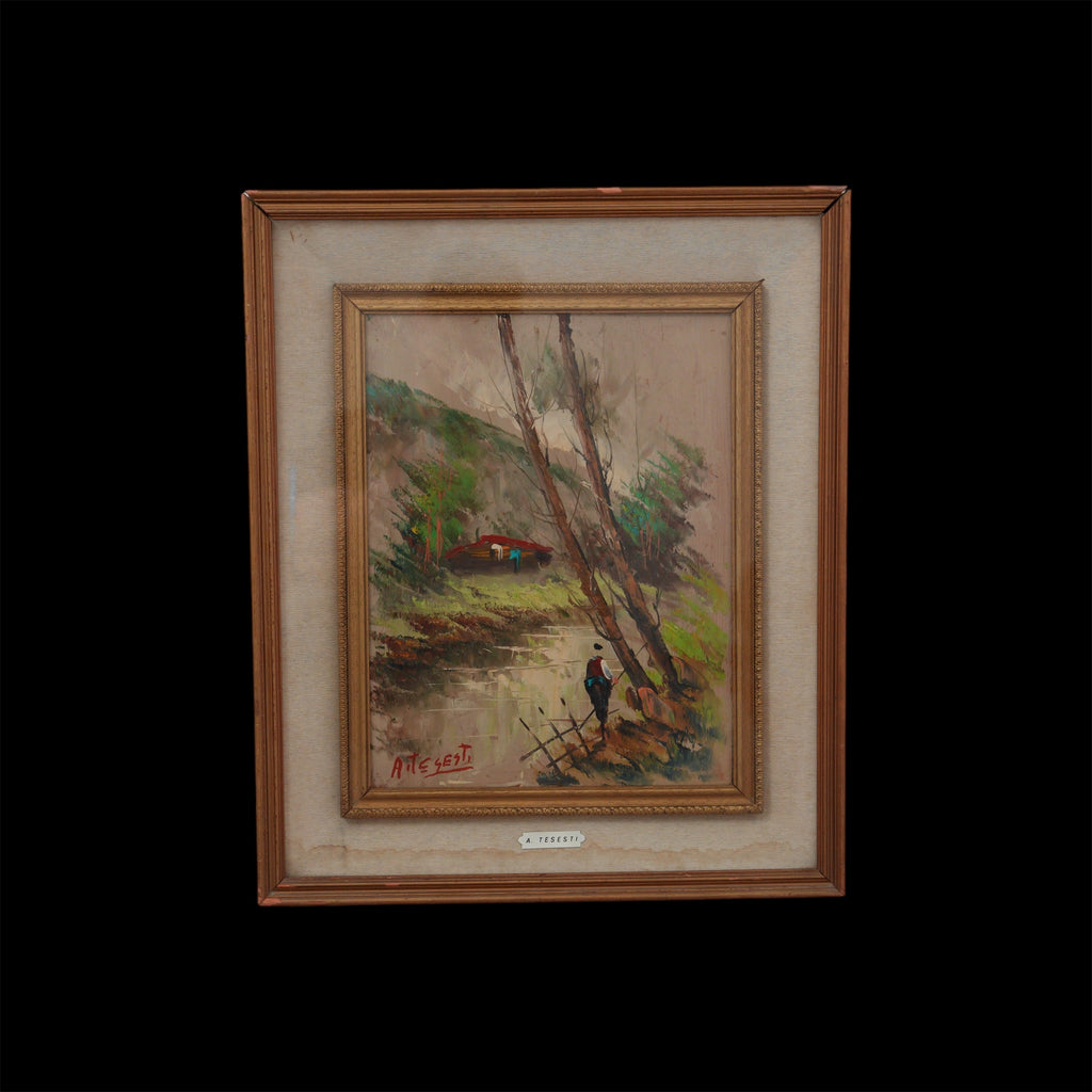 A. Tesesti – Paesaggio con Fiume, Casolare e Figura – Dipinto Firmato, Doppia Cornice in Legno, 61 x 51 cm