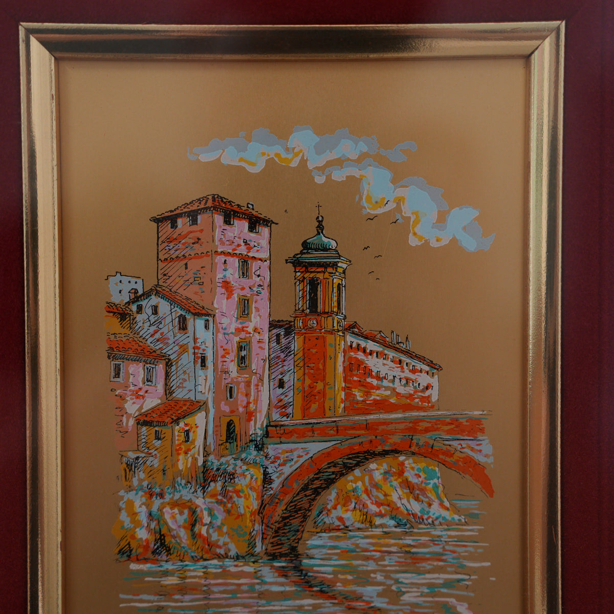 Scorcio Sul Fiume con Torre e Ponte ad Arco – Quadretto Vintage su Fondo Dorato con Cornice, 48 x 41 cm