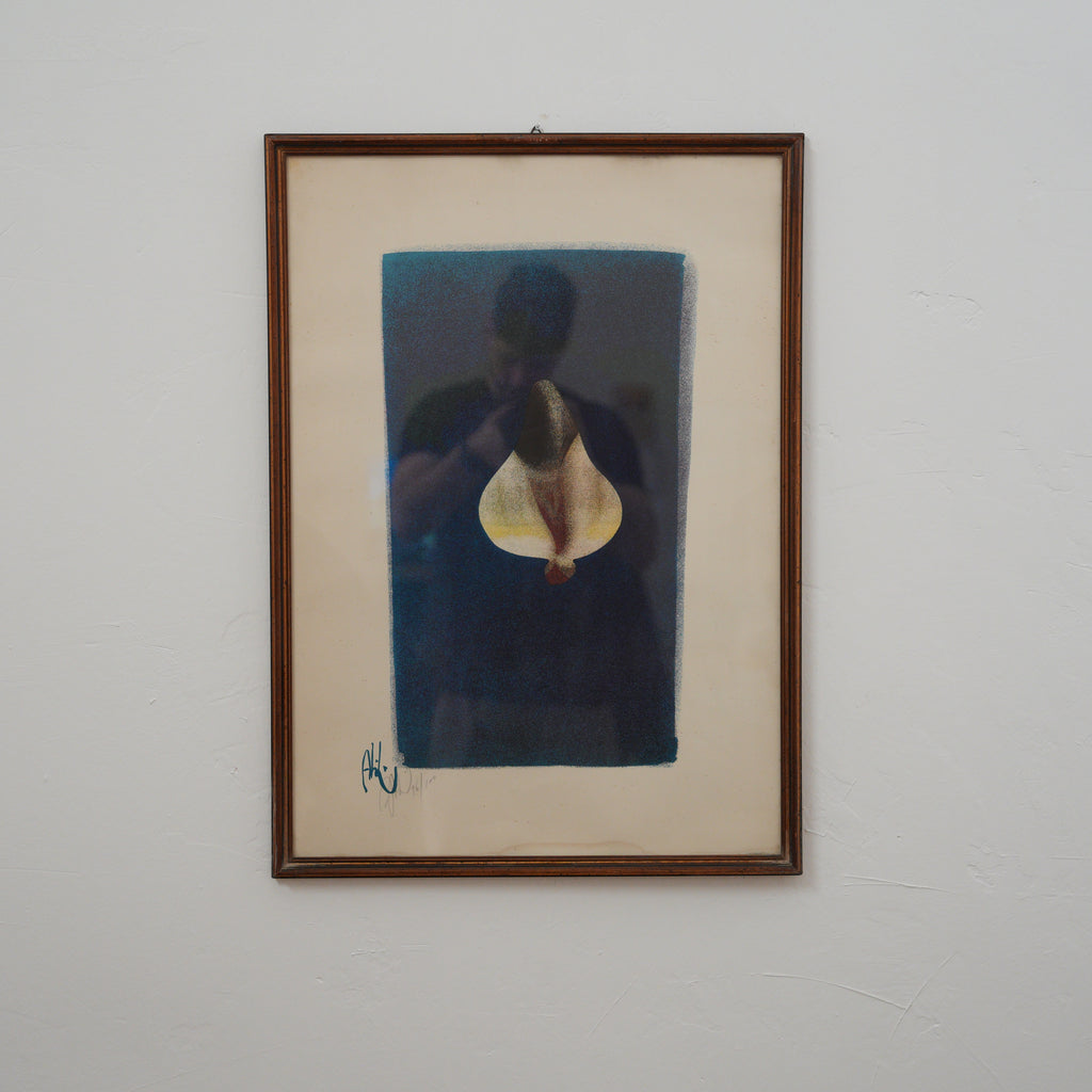 Abidin Dino – Tulipano Stilizzato su Fondo Blu Notte – Stampa Numerata e Firmata, Cornice in Legno, 71 x 51 cm