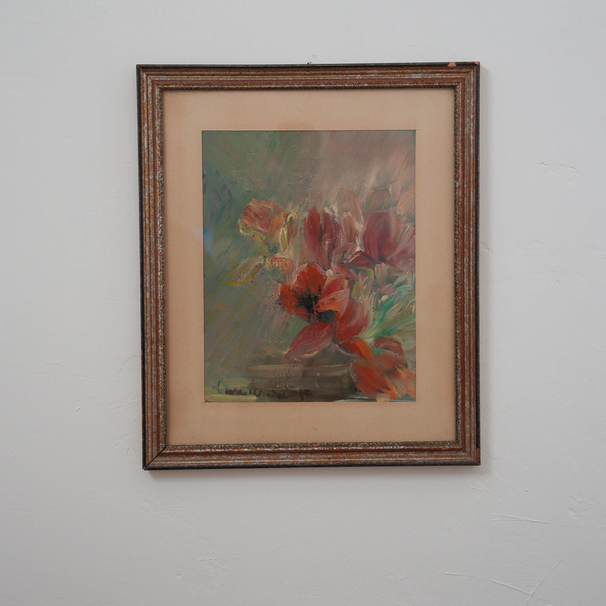 Fiori Rossi in Vaso – Dipinto a Impasto Firmato, Cornice in Legno, 64 x 54 cm