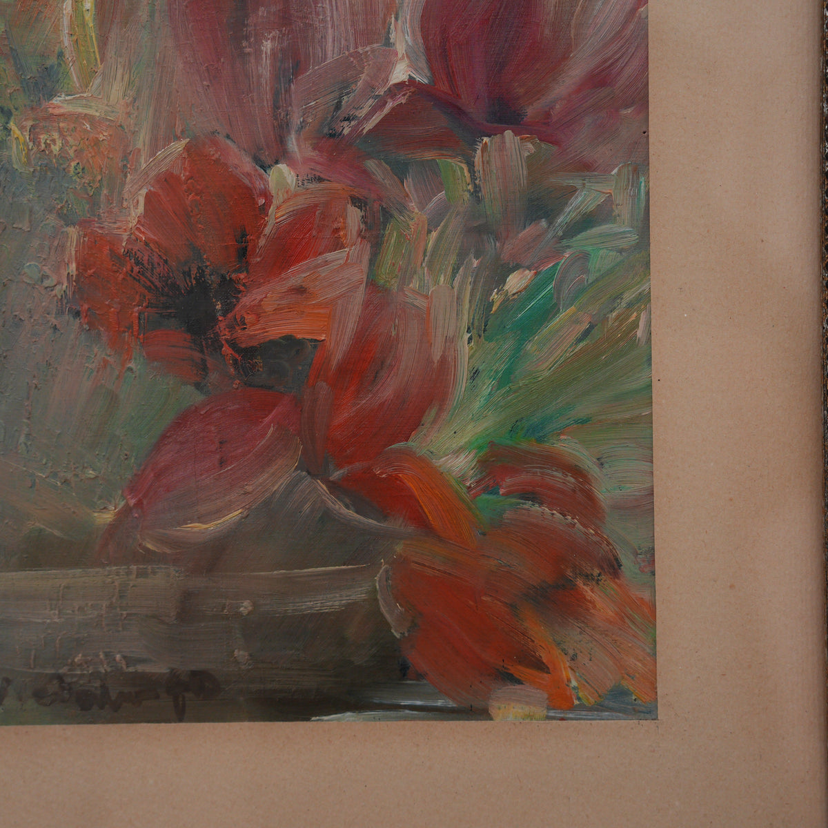 Fiori Rossi in Vaso – Dipinto a Impasto Firmato, Cornice in Legno, 64 x 54 cm