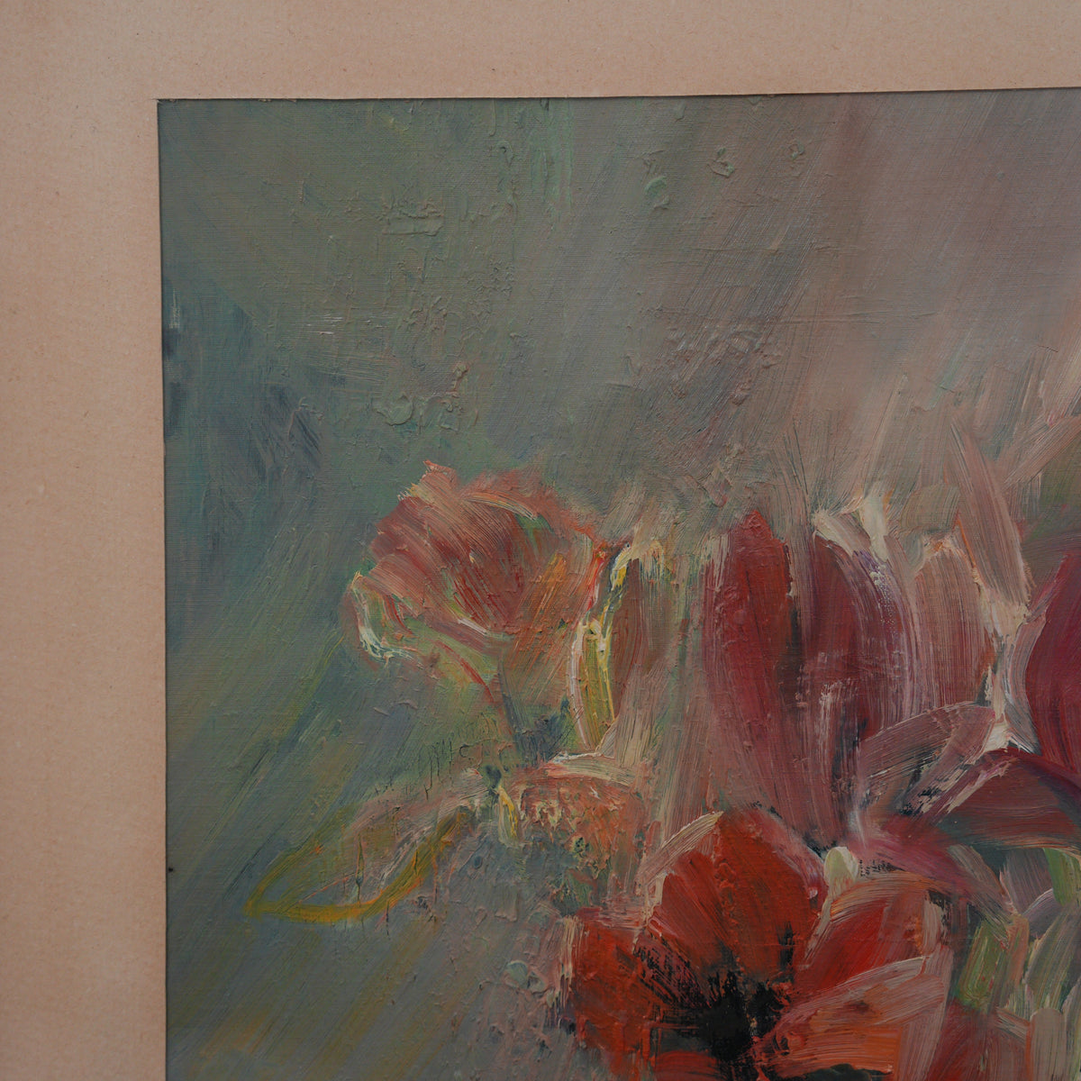 Fiori Rossi in Vaso – Dipinto a Impasto Firmato, Cornice in Legno, 64 x 54 cm