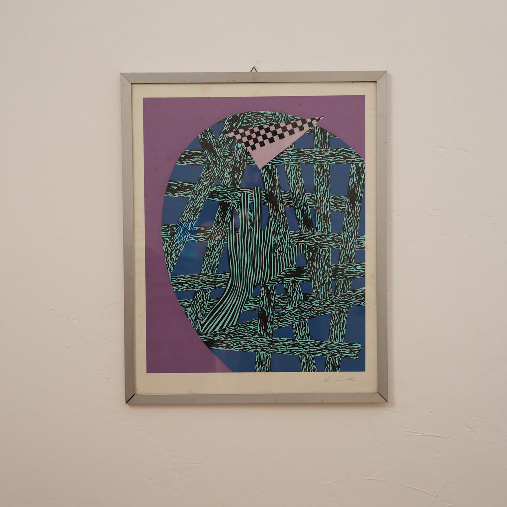 Composizione Astratta Geometrica in Viola, Blu e Turchese – Stampa Firmata, Cornice in Alluminio, 65 x 52 cm