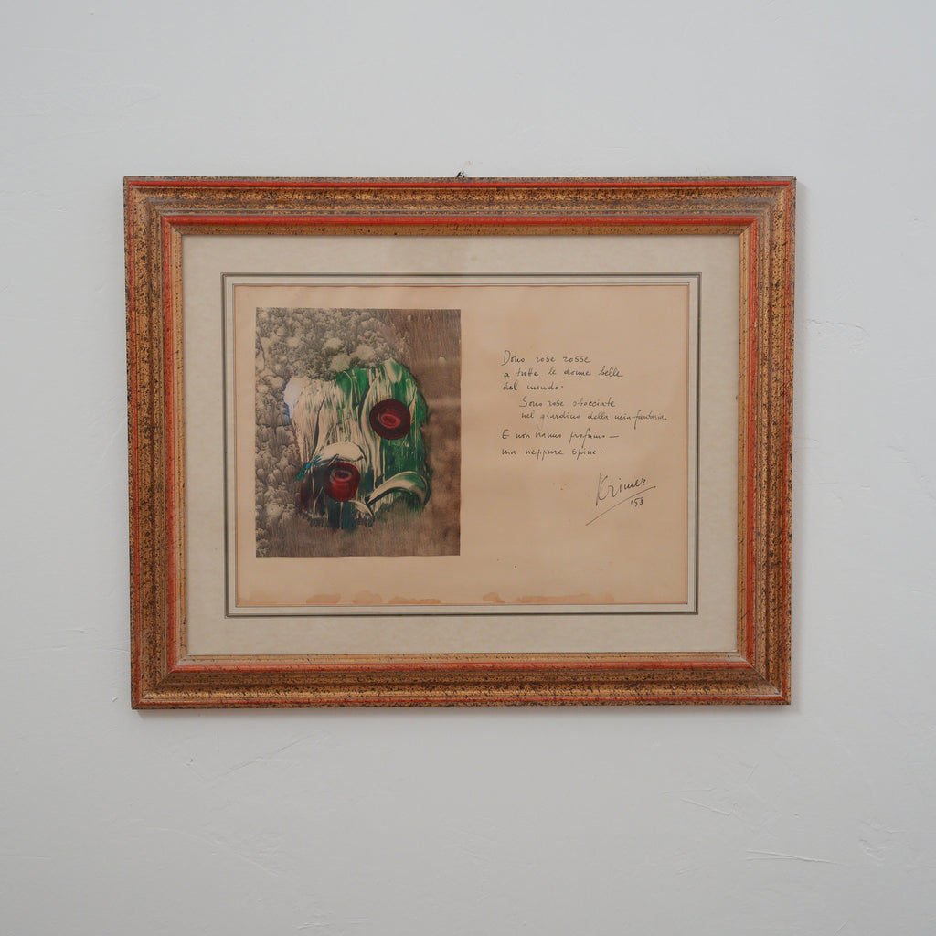 Krimer (Cristoforo Mercati) – Rose Rosse con Poesia Manoscritta  – Tecnica Mista su Carta Firmata e Datata 1958, Cornice in Legno, 55 x 71 cm