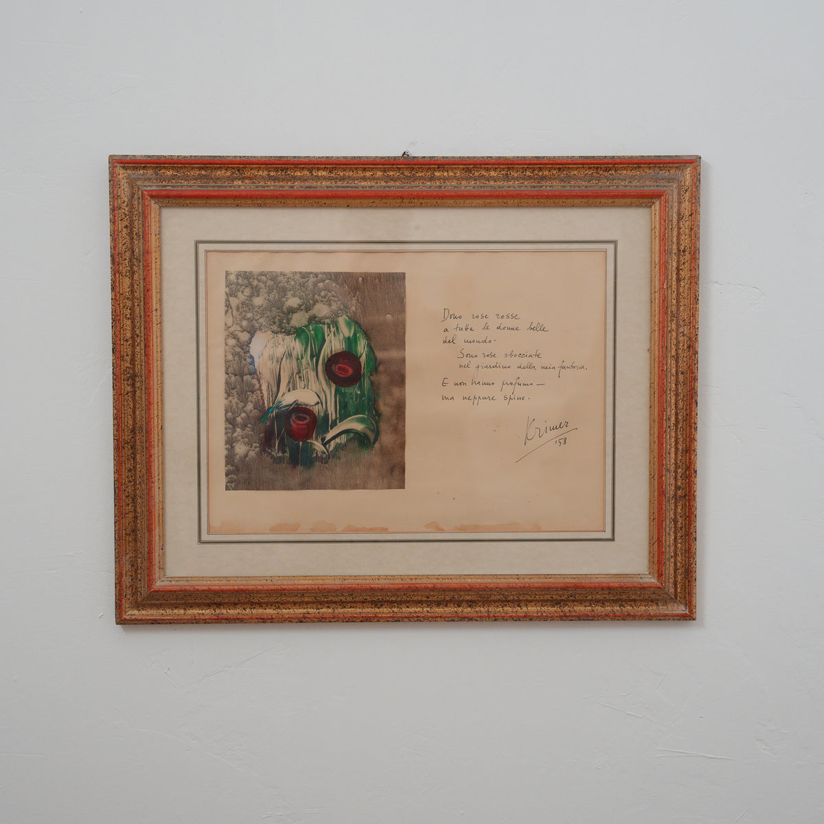 Krimer (Cristoforo Mercati) – Rose Rosse con Poesia Manoscritta  – Tecnica Mista su Carta Firmata e Datata 1958, Cornice in Legno, 55 x 71 cm