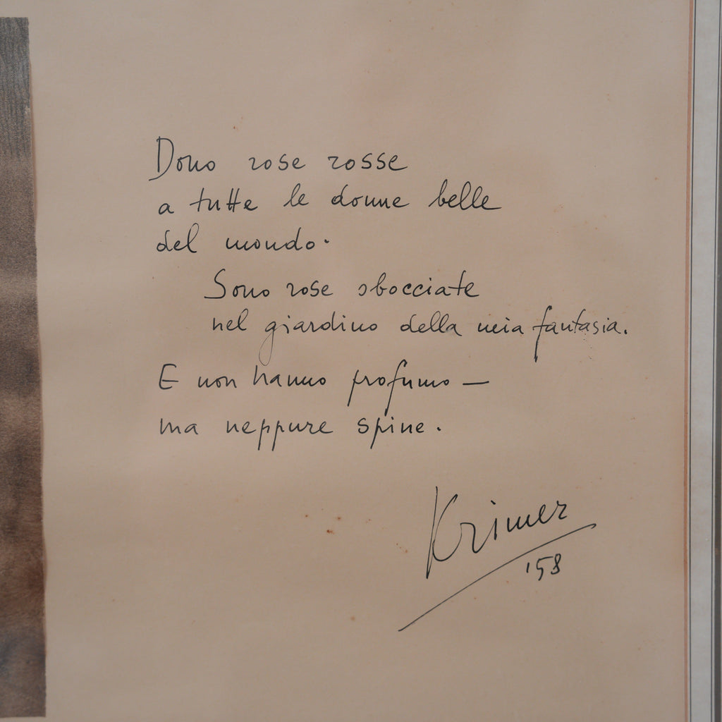 Krimer (Cristoforo Mercati) – Rose Rosse con Poesia Manoscritta  – Tecnica Mista su Carta Firmata e Datata 1958, Cornice in Legno, 55 x 71 cm