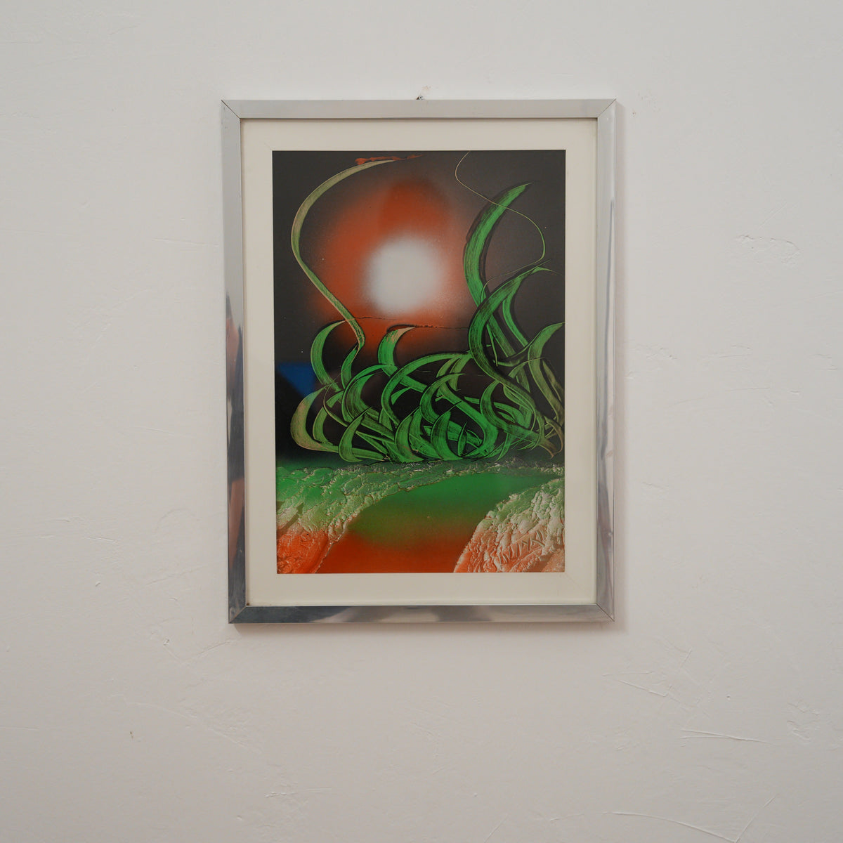 Paesaggio Fantastico con Sole Luminoso e Vegetazione Verde – Dipinto Vintage Anni '70, Cornice Cromata, 60 x 44 cm