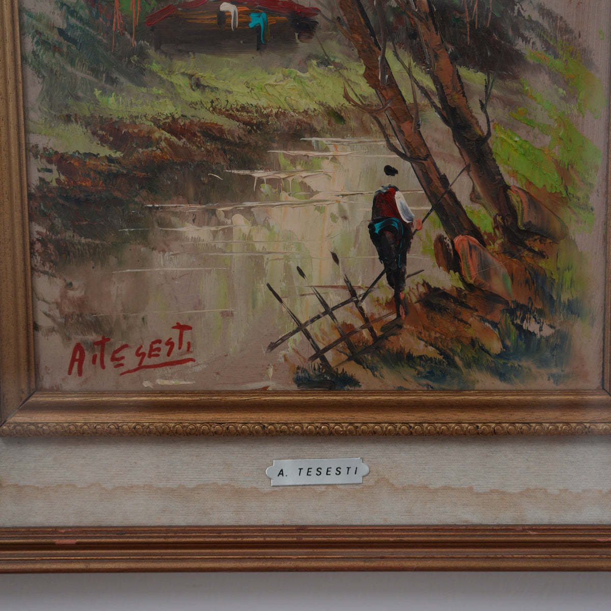 A. Tesesti – Paesaggio con Fiume, Casolare e Figura – Dipinto Firmato, Doppia Cornice in Legno, 61 x 51 cm