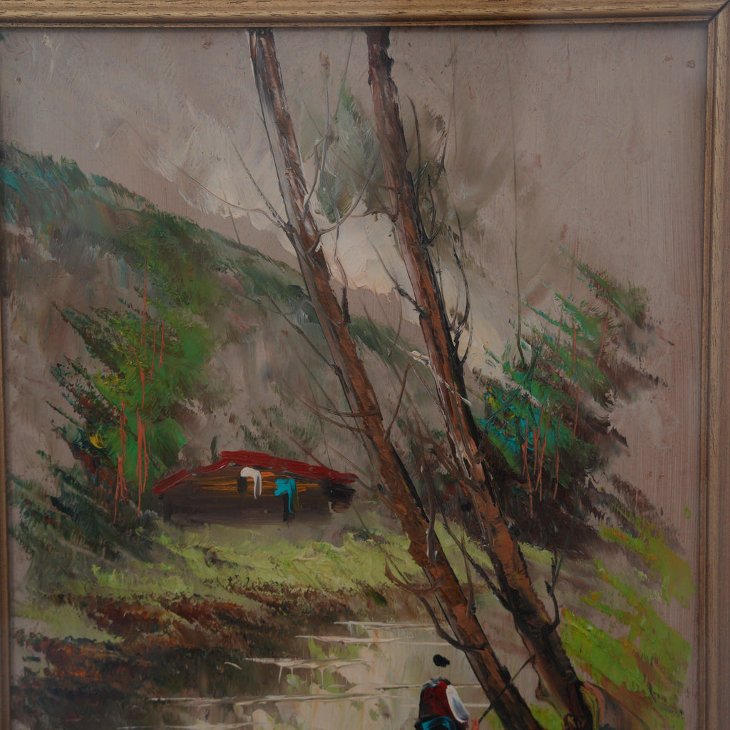 A. Tesesti – Paesaggio con Fiume, Casolare e Figura – Dipinto Firmato, Doppia Cornice in Legno, 61 x 51 cm