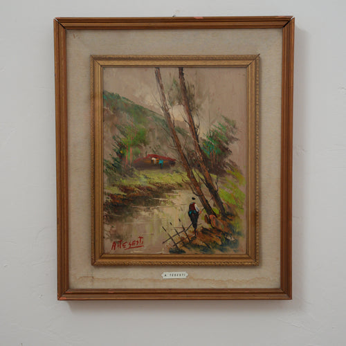 A. Tesesti – Paesaggio con Fiume, Casolare e Figura – Dipinto Firmato, Doppia Cornice in Legno, 61 x 51 cm