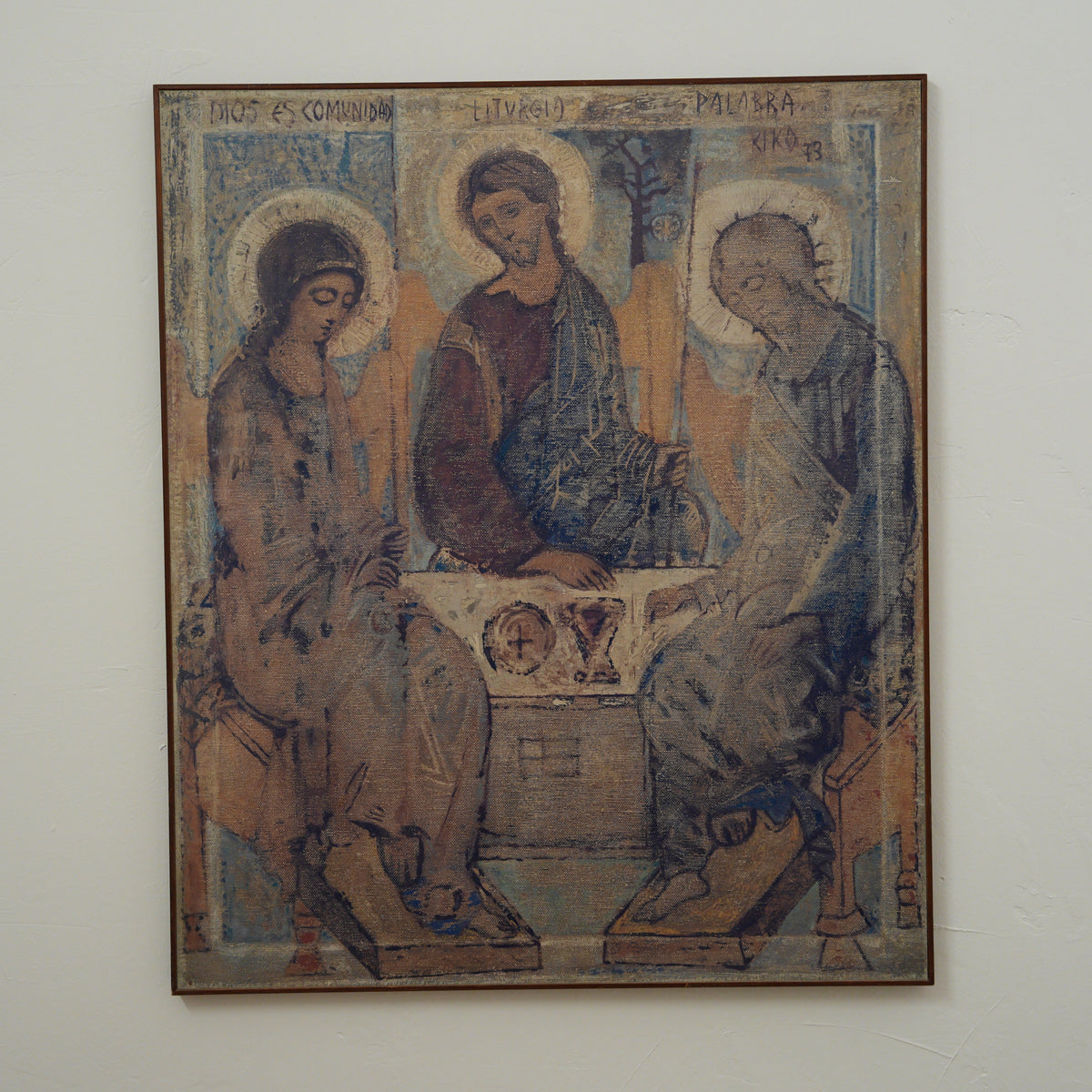 Kiko – Trinità di Rublev "Dios es Comunidad" – Stampa su Supporto Effetto Juta, Datata 1973, Cornice in Legno, 84 x 70 cm