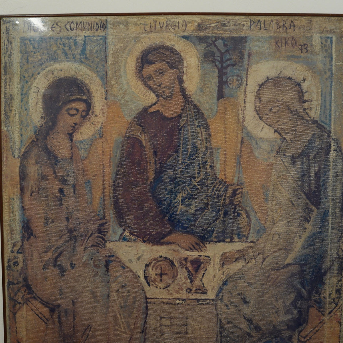 Kiko – Trinità di Rublev "Dios es Comunidad" – Stampa su Supporto Effetto Juta, Datata 1973, Cornice in Legno, 84 x 70 cm