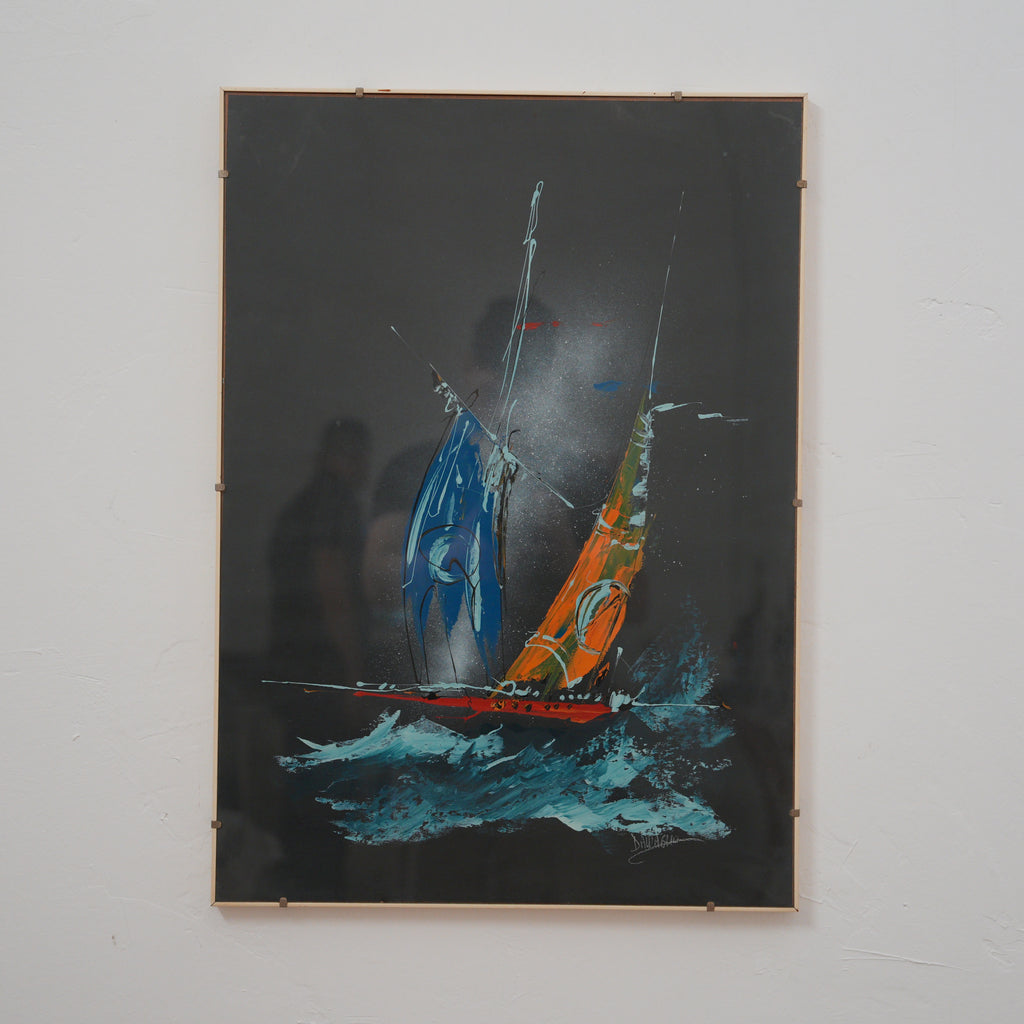 Mario Dall'Aglio – Veliero tra le Onde, Vele Blu e Arancio su Fondo Nero – Dipinto Firmato, 71 x 51 cm