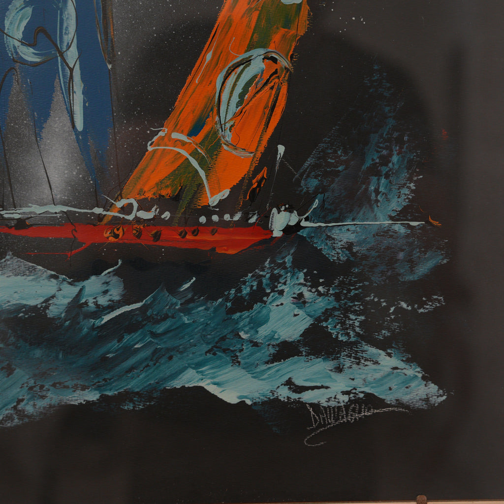 Mario Dall'Aglio – Veliero tra le Onde, Vele Blu e Arancio su Fondo Nero – Dipinto Firmato, 71 x 51 cm