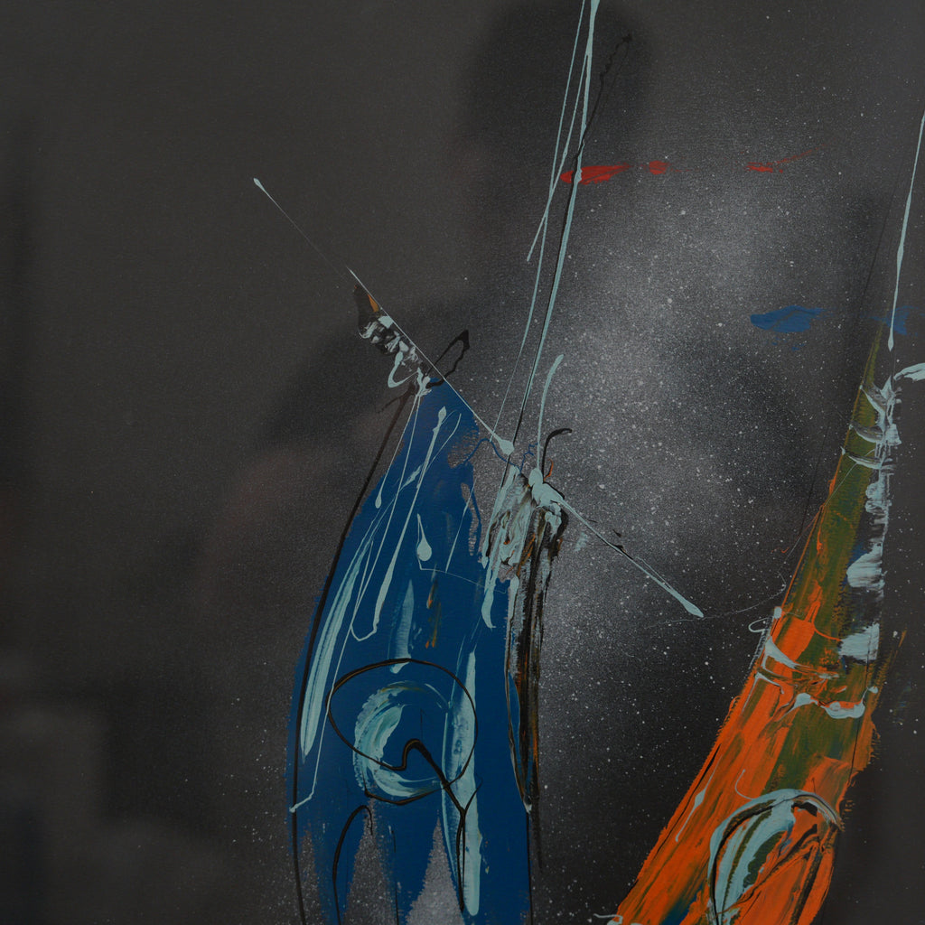 Mario Dall'Aglio – Veliero tra le Onde, Vele Blu e Arancio su Fondo Nero – Dipinto Firmato, 71 x 51 cm