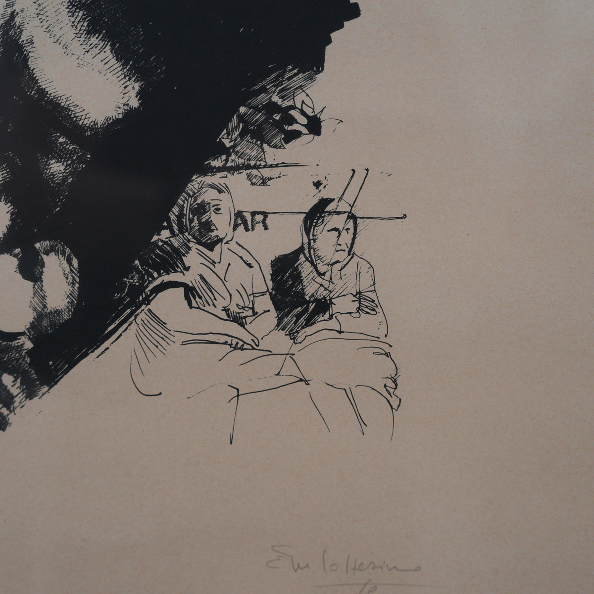 Nudo Femminile con Scene di Vita Popolare – Litografia in Bianco e Nero Numerata e Firmata, Cornice in Legno, 74 x 54 cm