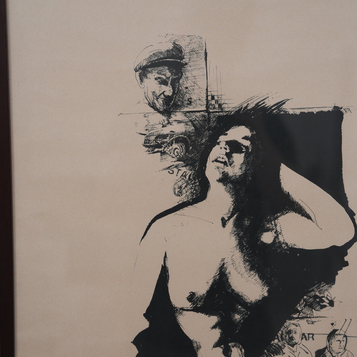 Nudo Femminile con Scene di Vita Popolare – Litografia in Bianco e Nero Numerata e Firmata, Cornice in Legno, 74 x 54 cm