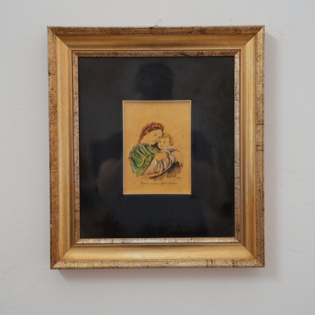 Madonna con Bambino – Dipinto a Mano su Foglia d'Oro 22 Kt, Firmato, Cornice Dorata con Passepartout Nero, 46 x 41 cm