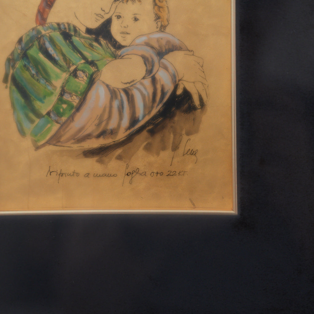 Madonna con Bambino – Dipinto a Mano su Foglia d'Oro 22 Kt, Firmato, Cornice Dorata con Passepartout Nero, 46 x 41 cm