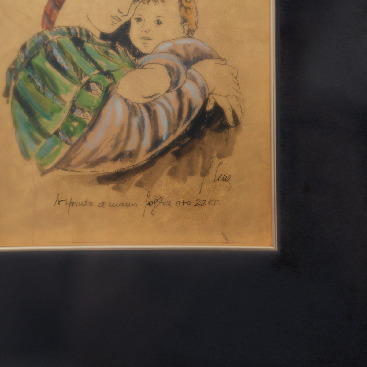 Madonna con Bambino – Dipinto a Mano su Foglia d'Oro 22 Kt, Firmato, Cornice Dorata con Passepartout Nero, 46 x 41 cm
