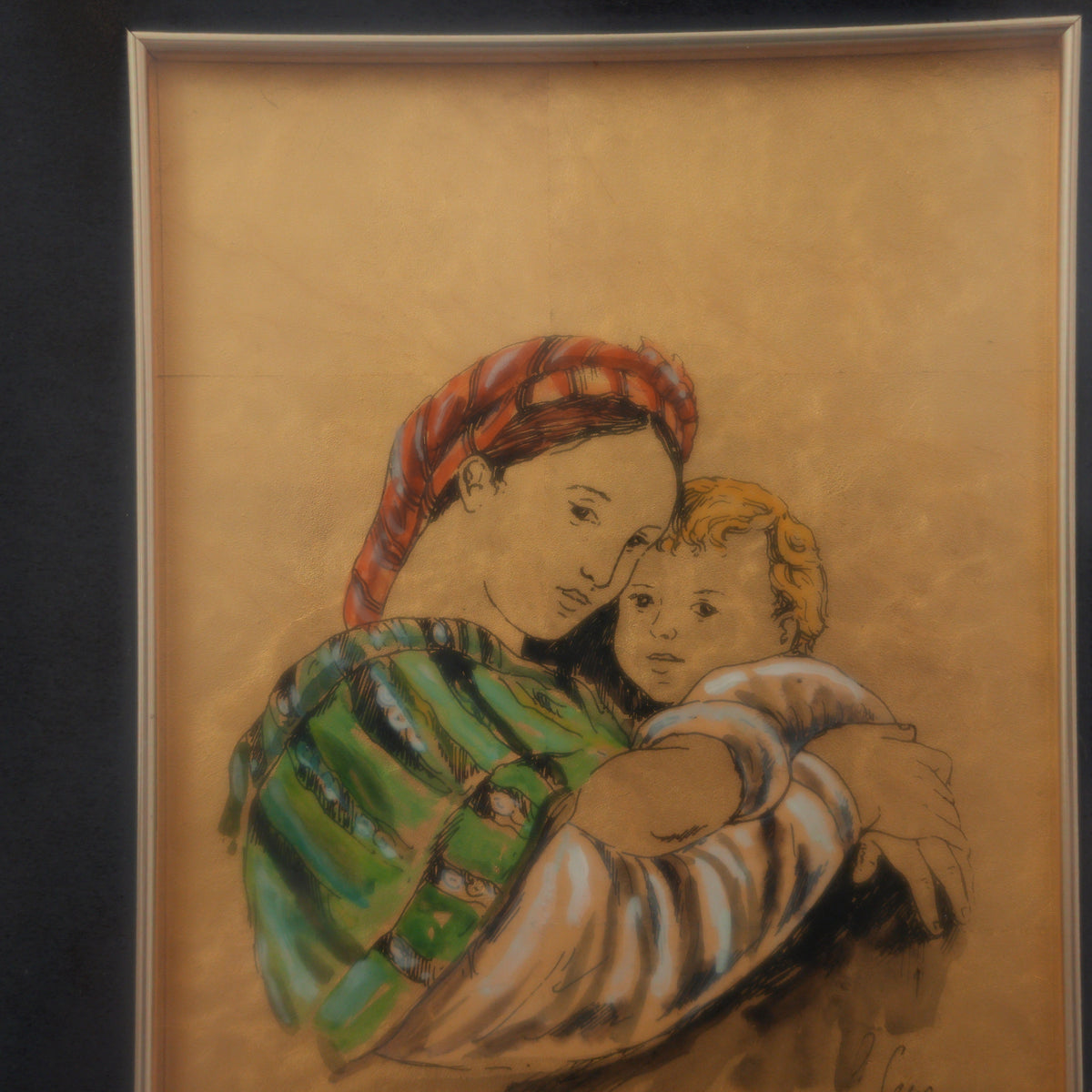 Madonna con Bambino – Dipinto a Mano su Foglia d'Oro 22 Kt, Firmato, Cornice Dorata con Passepartout Nero, 46 x 41 cm
