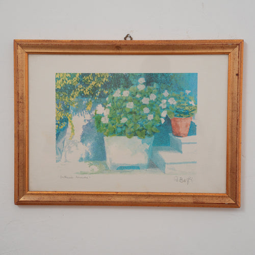 "Ortensie Bianche" – Stampa d'Arte Firmata e Titolata a Matita, Cornice Dorata, 41 x 56 cm