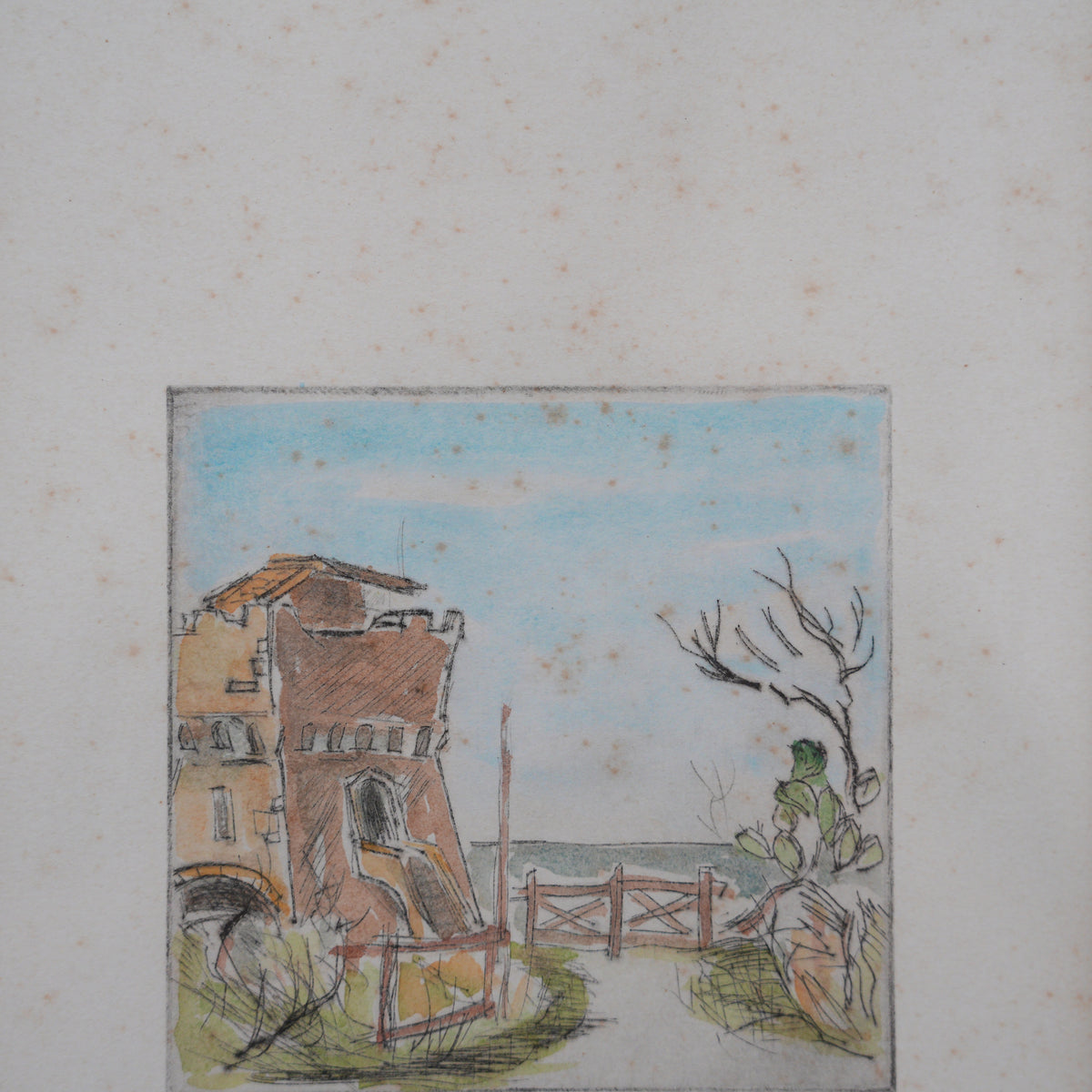 Torre sul Mare con Cancello e Fico d'India – Acquaforte Colorata a Mano, Prova d'Artista Firmata a Matita, Cornice Dorata Intagliata, 45 x 35 cm
