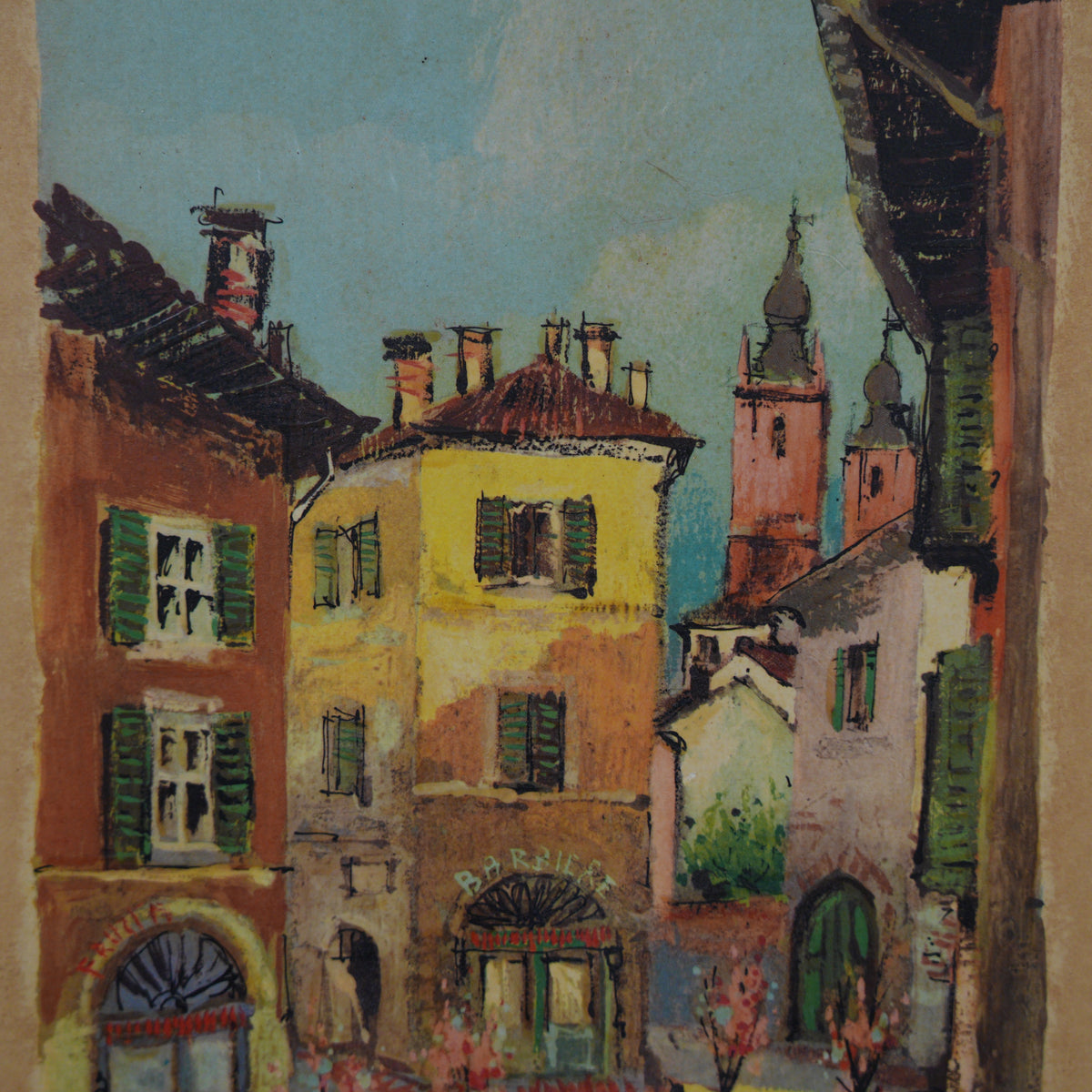 Luigi Tessoni – Piazzetta con Campanili e Manifesti – Tecnica Mista su Tavola Firmata e Datata 1966, Cornice Dorata con Targhetta, 51 x 33 cm