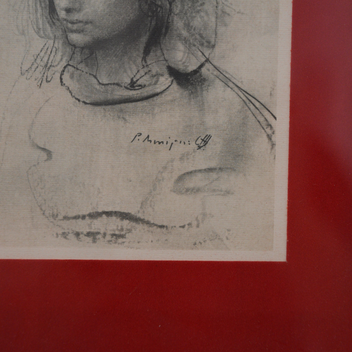Pietro Annigoni – Ritratto di Giovane Donna – Riproduzione a Stampa da Disegno, Cornice in Legno con Passepartout Rosso, 34 x 28 cm